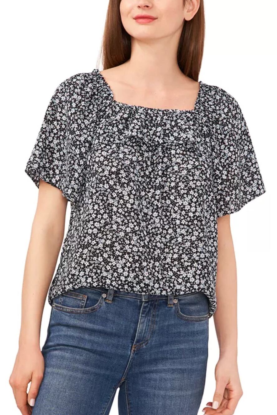 CeCe Square Neck Floral Blouse M Black White NWT Top Womens Flowy Demure Boho
